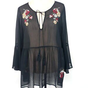 Torrid Sheer Top Overlay Women's Size 2X Floral Embroidered Bell Sleeves Peplum